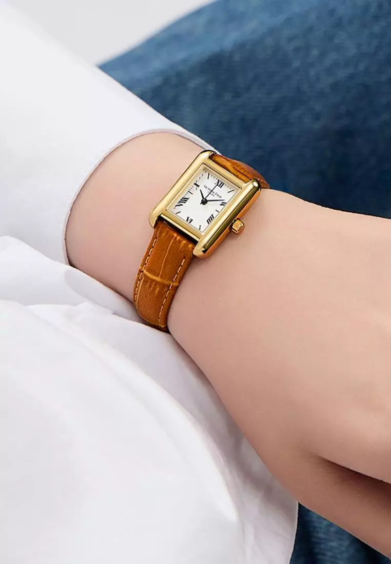 Retro 女士金色长方形手表22*29mm 簡約经典 真皮表帶 黑色指針 生活防水-金色 棕色