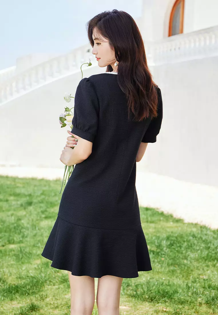 Buy Hopeshow Puff Sleeve V-Neck Button Down Knitted Dress