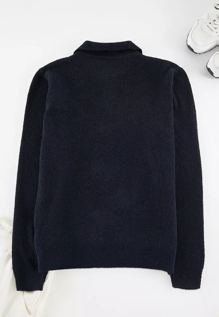 Navy Blue Regular Polo Neck Textured Sweater TMNAW25KZ00078