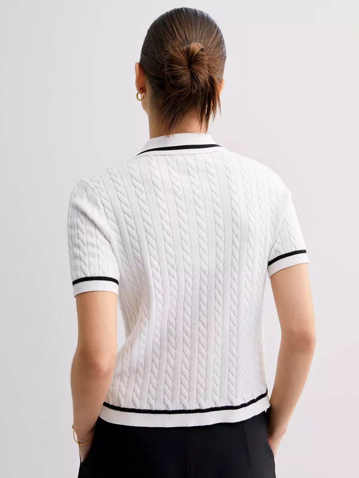 Cable Knitted Polo Top with Silver Hardware Detail - White