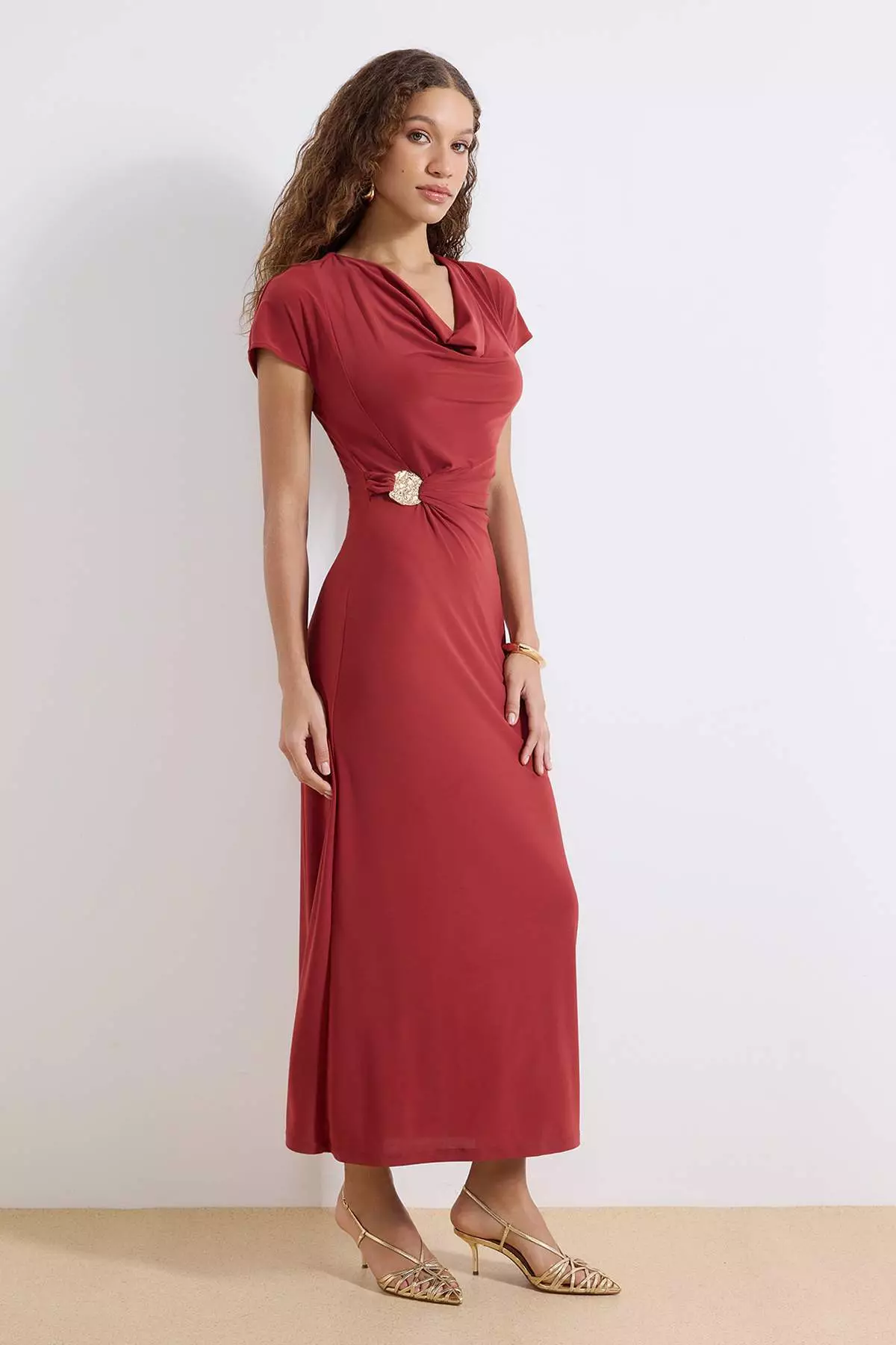 Tile A-Line/Bell-Shaped Form Degaje Collar Accessory Detail Maxi Stretchy Knitted Dress Twoss26El16
