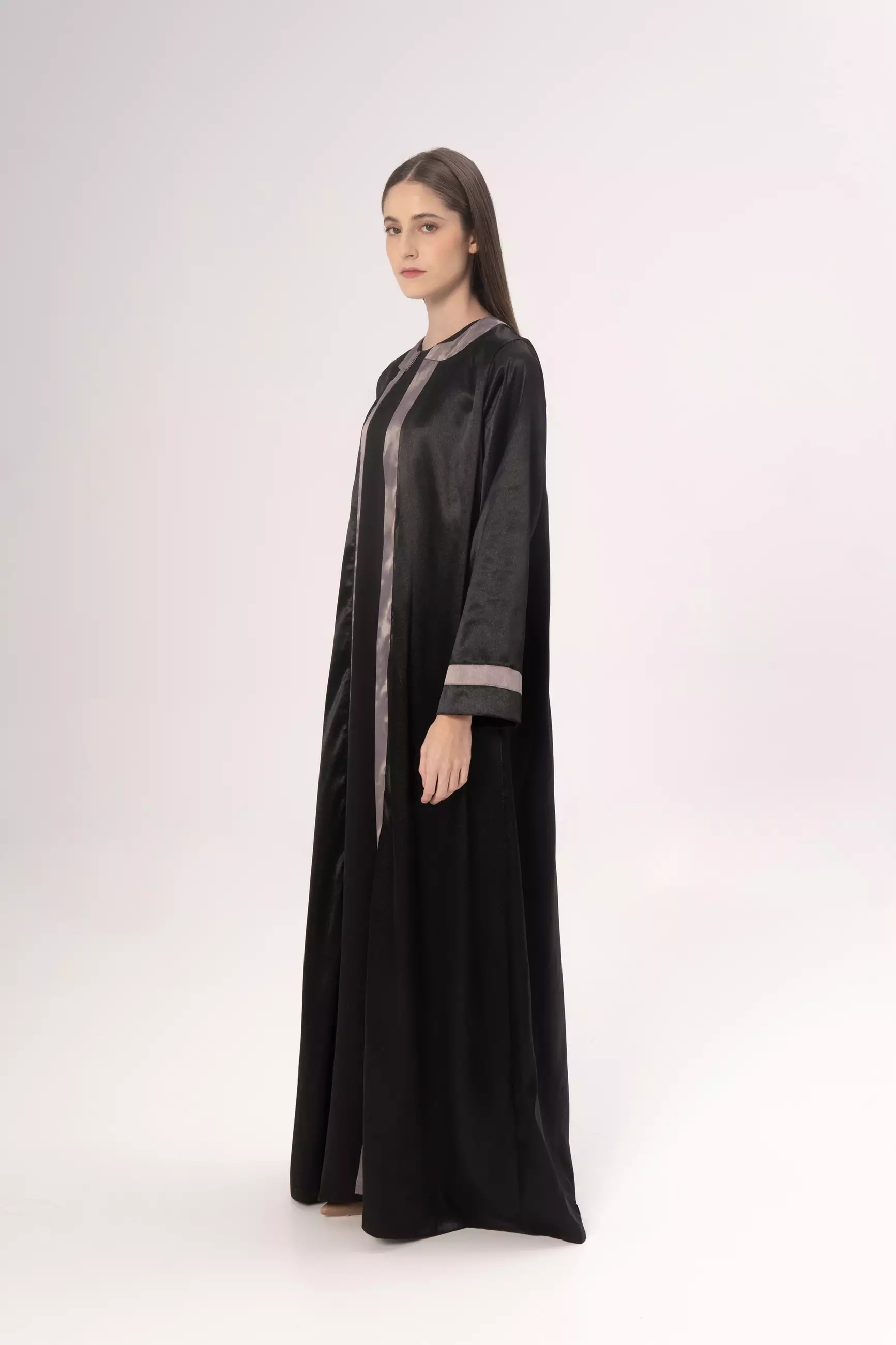 DEMURE&CO - DESSENTIALS RABIA OPEN ABAYA IN BLACK - PREMIUM SATIN SILK - DAILY WEAR ABAYA