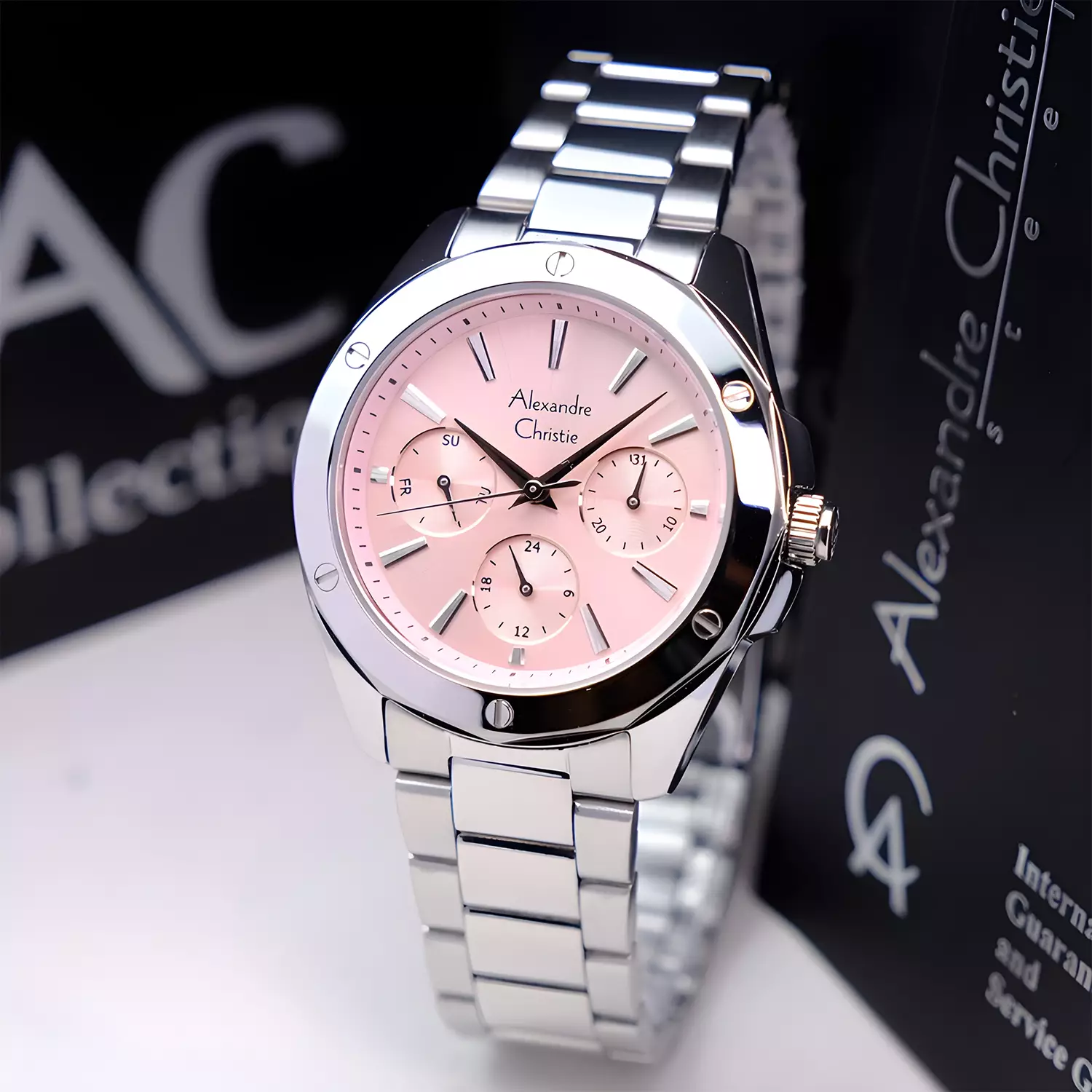 Alexandre Christie Multifunction Chronograph - Jam Tangan Analog Wanita - Pink Dial - All Silver Stainless Steel - 2A72 BFBSSPN