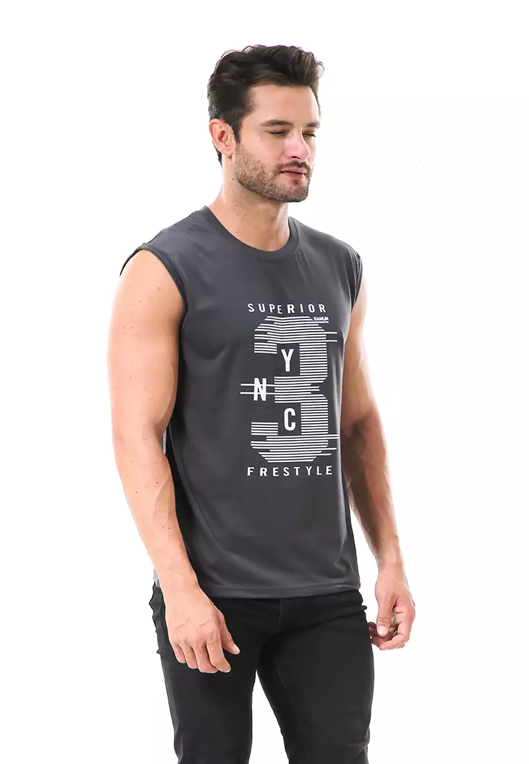 Bobby Atasan Kasual Pria Singlet Motif Three Sleeveless Tshirt Material Cotton ORIGINAL - Gray