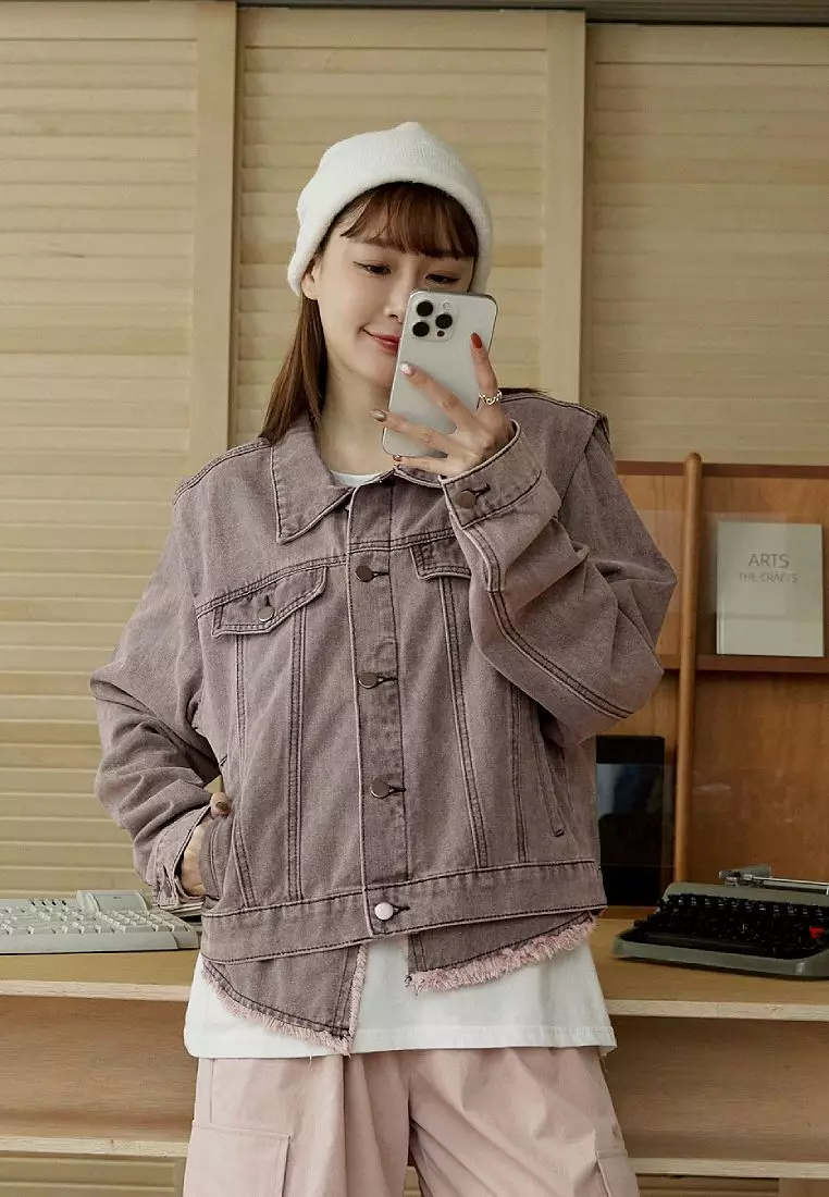 Washed Cropped Denim Jacket with Raw Hem & Drop Shoulder [EA3678]
