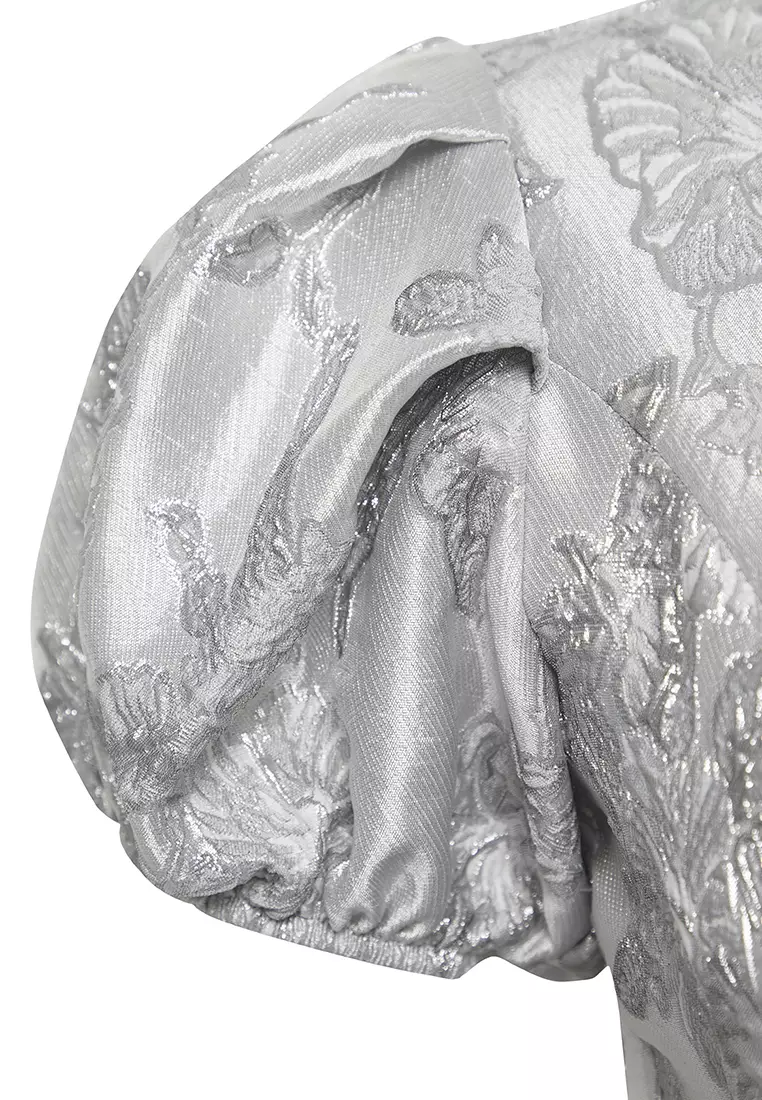 Silver A-Line Jacquard Woven Midi Chic Dress