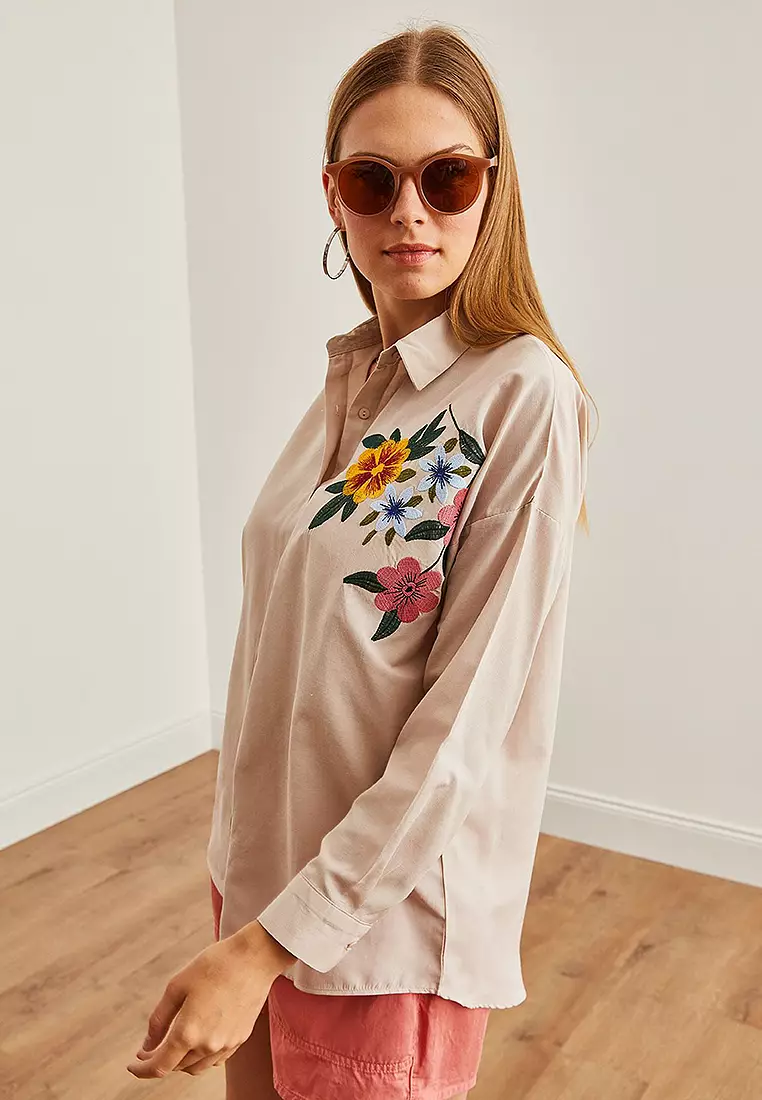 Embroidery Detailed Oversize Woven Shirt