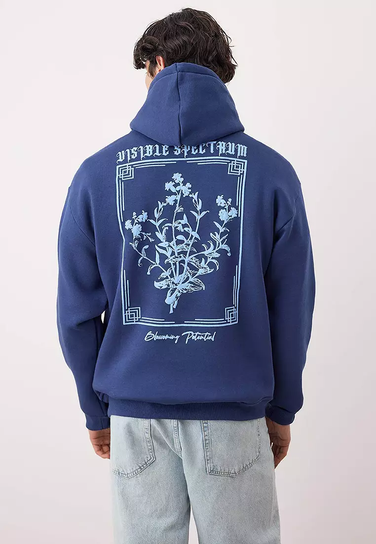Navy Blue Oversize/Wide Cut Hooded Printed Fleece Inside/Warm Sweatshirt Tmnaw24Sw00100