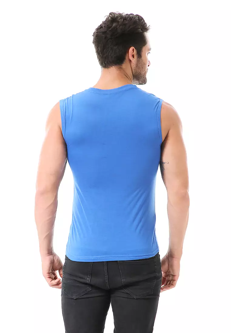 Bobby Atasan Kasual Pria Singlet Motif Huruf A Atasan Tanpa Lengan Material Cotton ORIGINAL - Blue