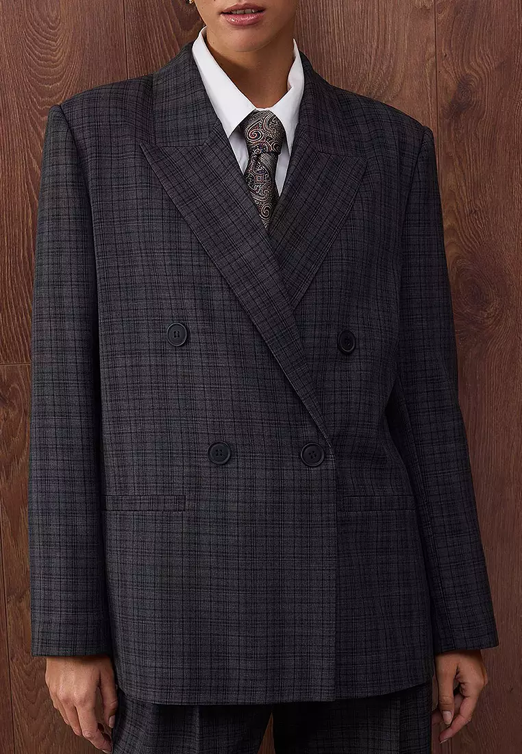 Plaid/Checked Oversize Woven Blazer Jacket Blazer Jacket