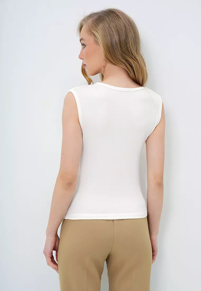 Women's Ecru Crew Neck Shoulder And Waist Draped Zero Sleeve Blouse Alc-X14071