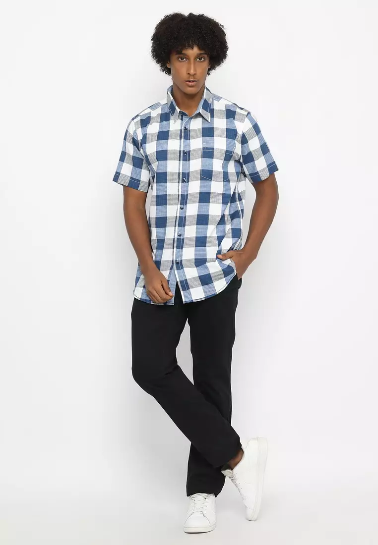 POLICE Kemeja Kotak Cotton Slub Biru Regular Fit Pria