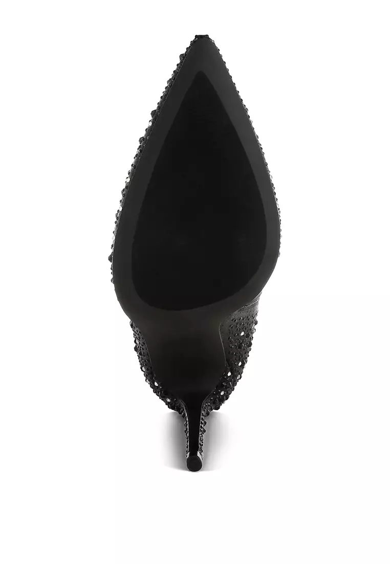 Sepatu bot stiletto berhiaskan berlian imitasi berwarna hitam