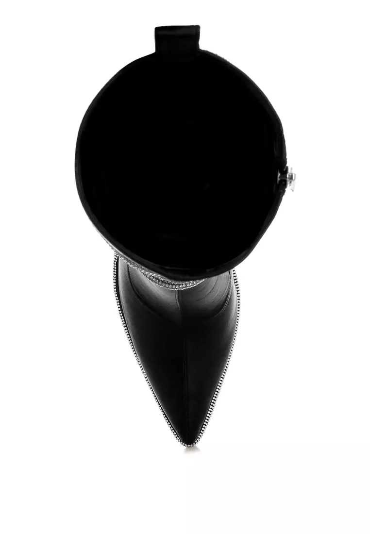 Sepatu Bot Betis Satin Bertali Berlian Imitasi Warna Hitam