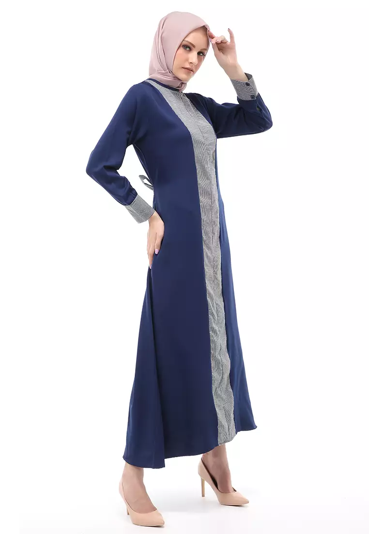 Nadira Gamis Long Dress Wanita Motif Polos Regular Fit - Navy
