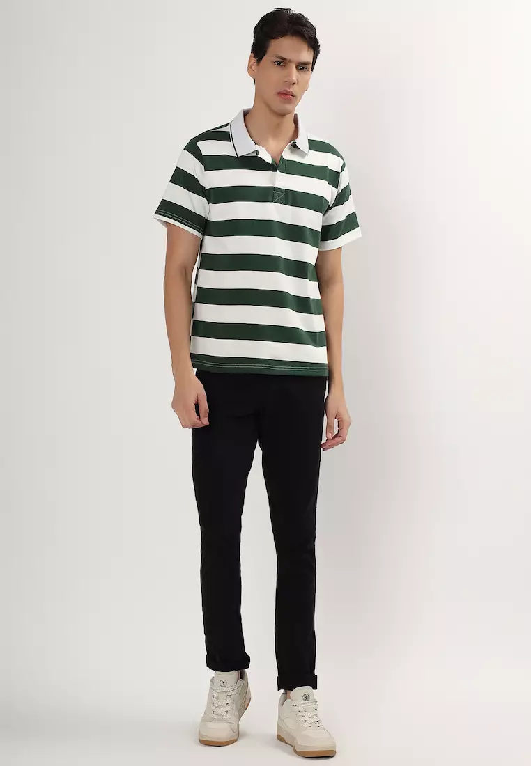 Mens Short Sleeve Green - White Stripe Cotton Rugby Polo Shirt/T-shirt,  Sports-Casual, Activewear