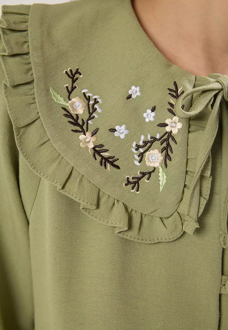 Green Embroidered Detailed Linen Look Woven Dress TCTSS23EB00257