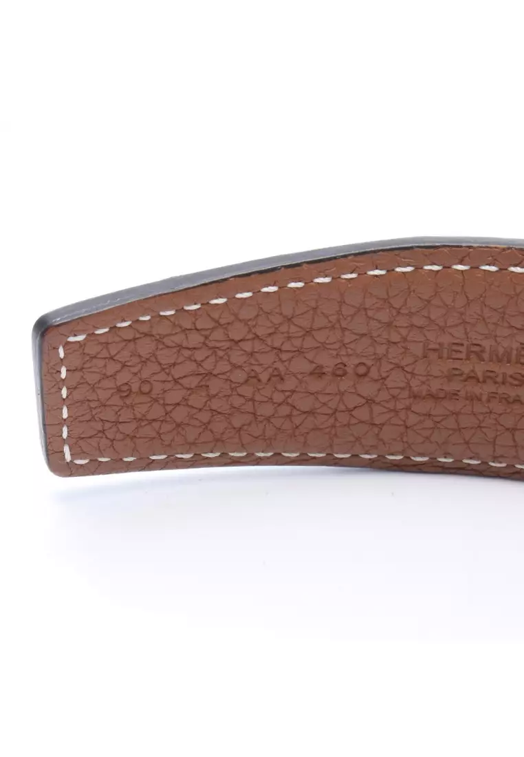 Pre-Loved Hermès HStorie Noir gold reversible belt box calf Togo black light brown silver hardware Z stamp