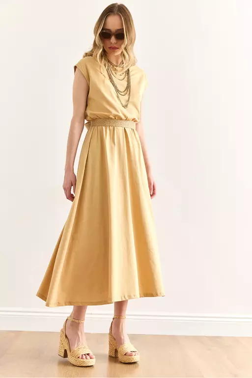 Women's Beige Elastic Waist Bat Combed Cotton Dress Elb-19001509