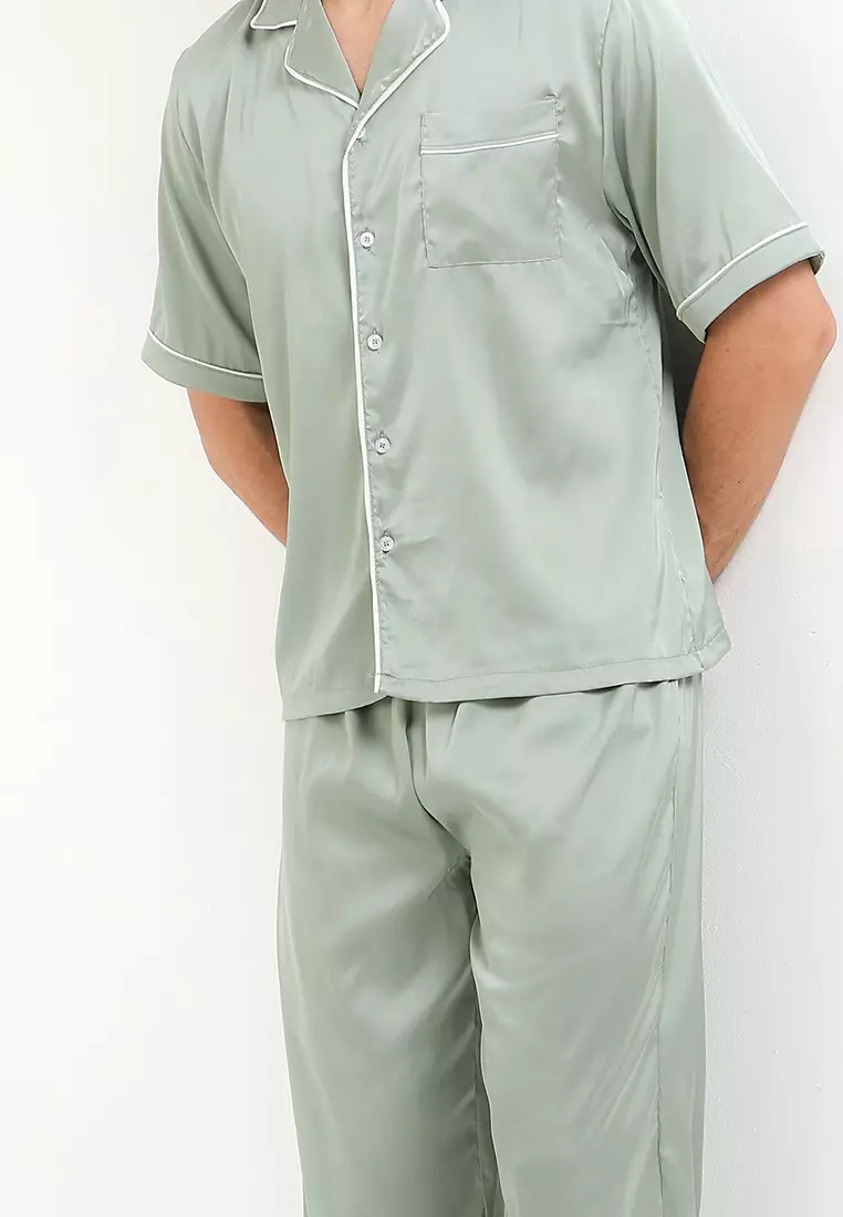 Pyjama Pijama Baju Tidur Satin Silk Short Sleeve Long Pants Mens Pria Sleepwear