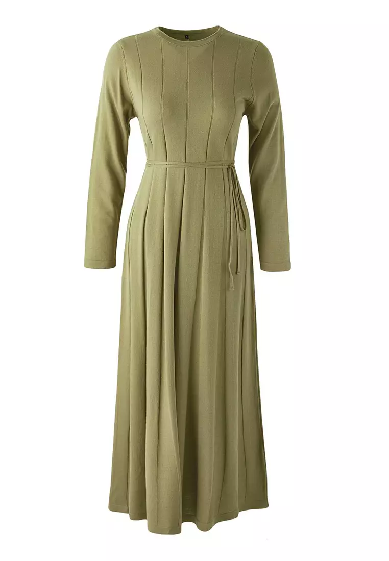 Khaki Oil Green Thin Belted Pleated Knit Dress