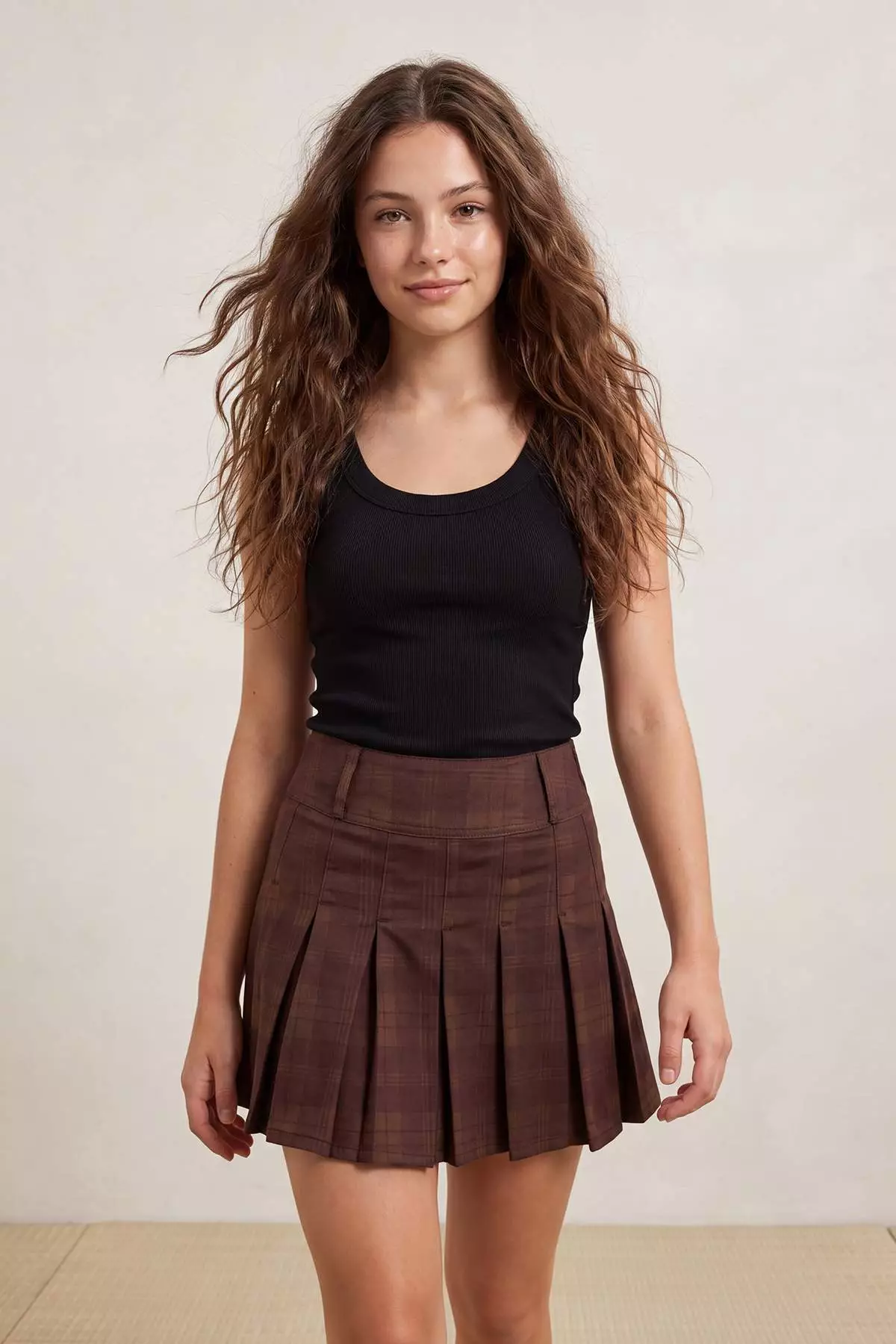 Teen Brown Plaid Patterned Pleated Less Stretchy Mini Denim Skirt Twoss26Et9