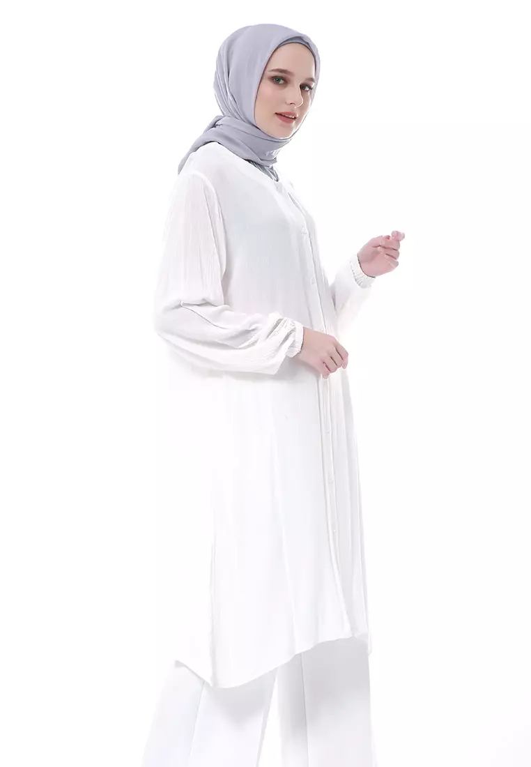 Aulia Tunik Pakaian Muslimah Wanita Lengan Panjang Motif Polos Regular Fit Premium High Quality - White