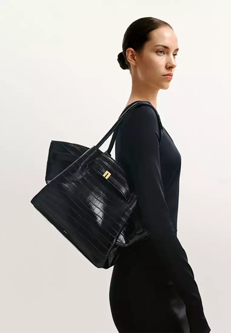 Hana Medium Tote Bag - Black Croc