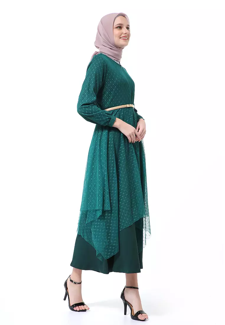 Zahwa Long Dress Gamis Muslimah Long Sleeve Free Belt High Quality - Deep Green