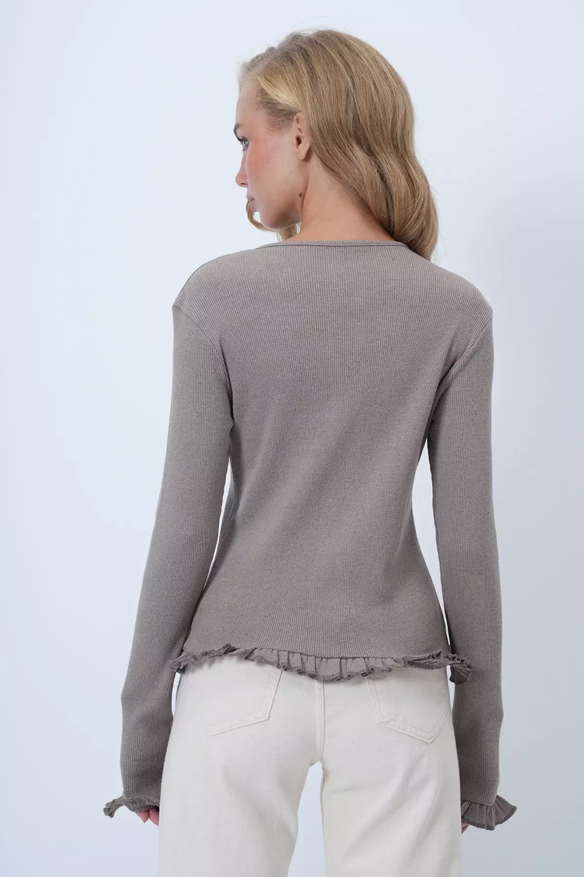 Women's Dark Beige Crew Neck Ruffle Detailed Buttoned Front Knitted Blouse Alc-X14533