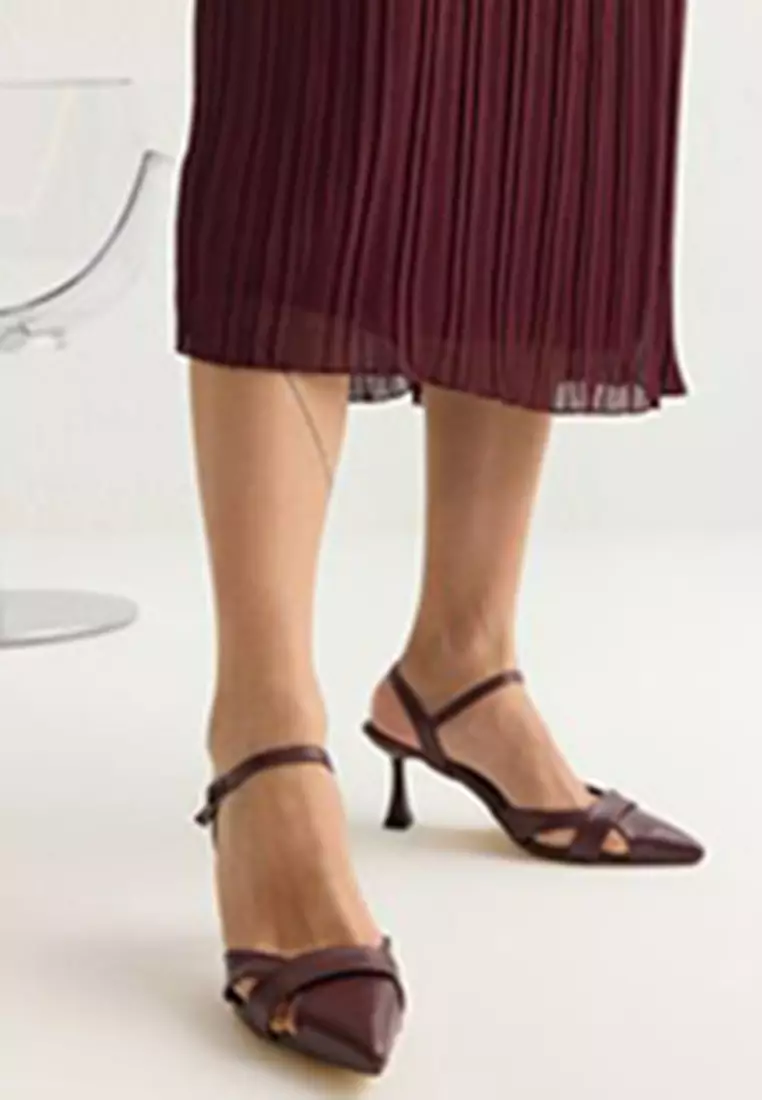 Burgundy Cut Out Detail Pointed Toe Women's Classic High-Heeled Shoes Takss25To00029