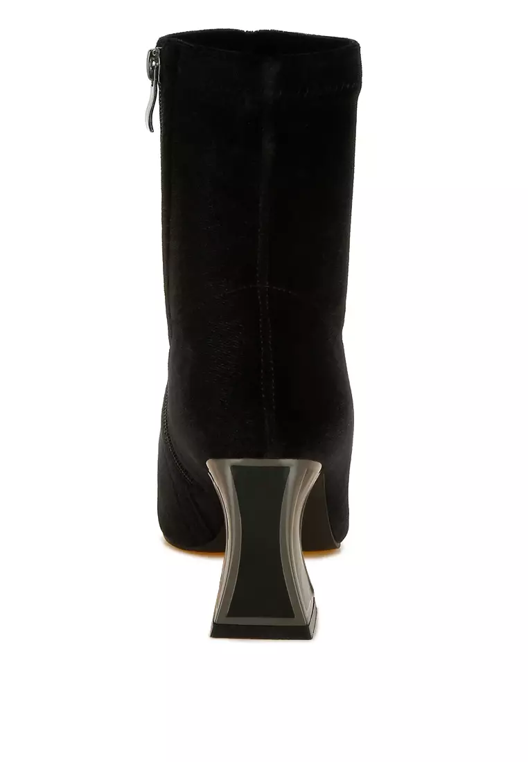 Black Flared Block Heel Velvet Boots