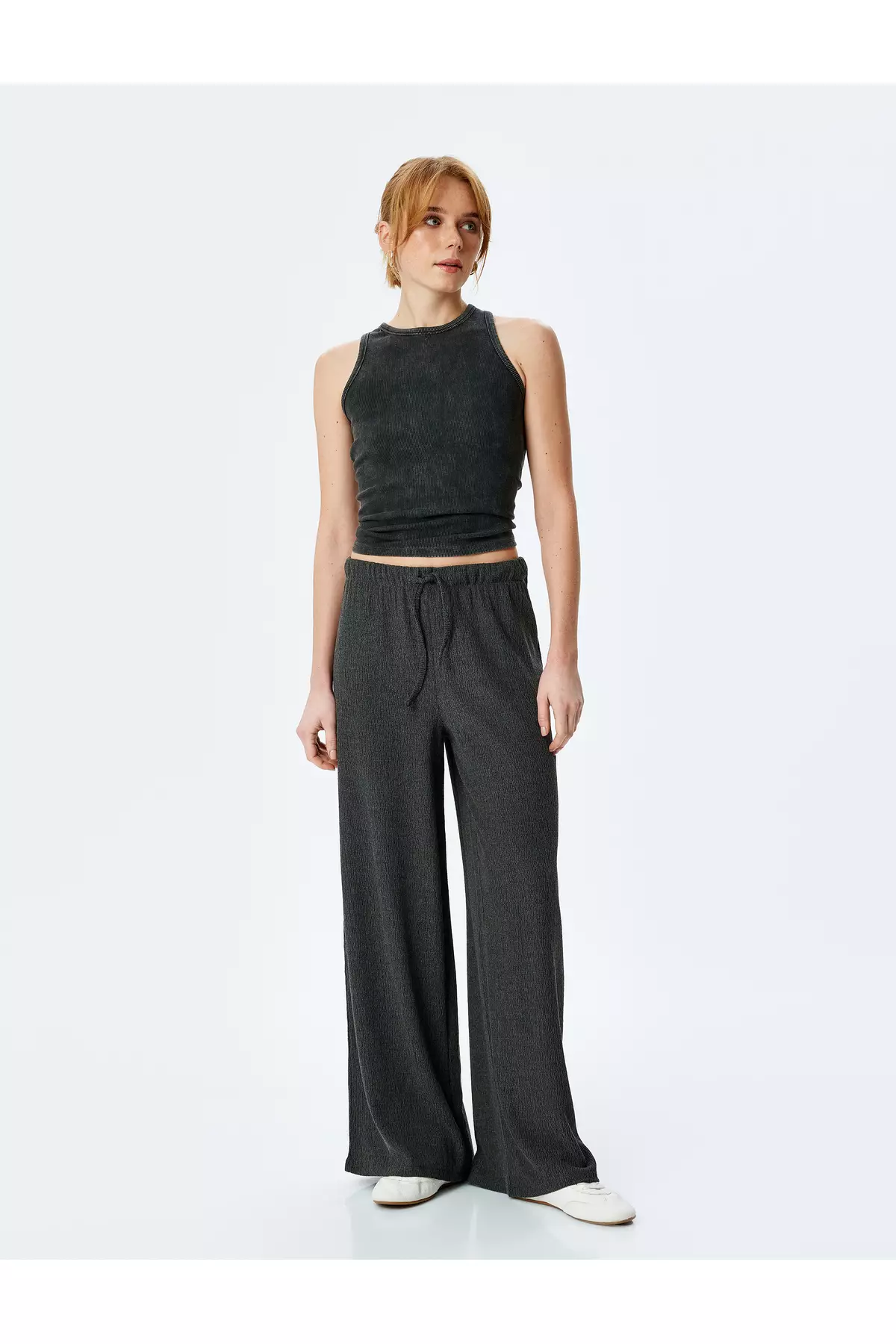Comfortable Fit Textured Straight Wide Leg Trousers