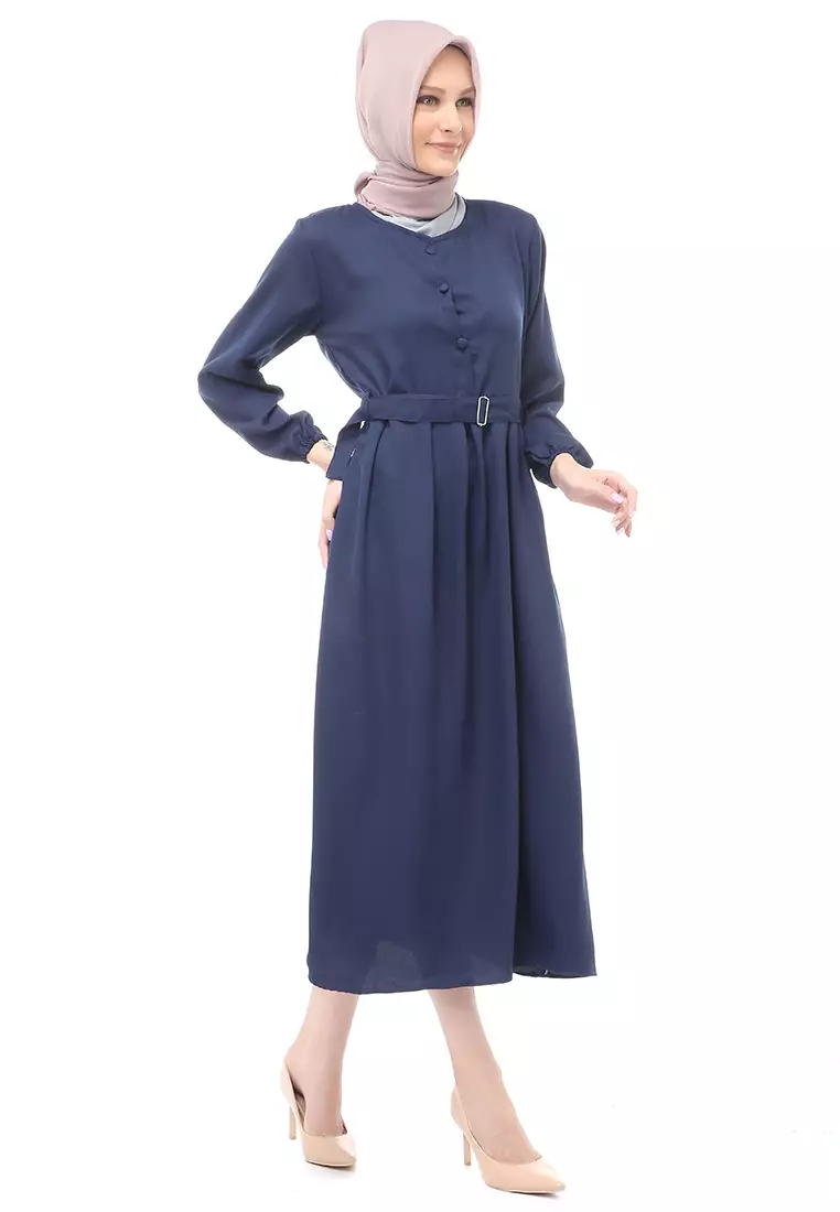 Berliana Gamis Muslimah Wanita With Belt Motif Polos Long Sleeve Relaxed Fit - Navy