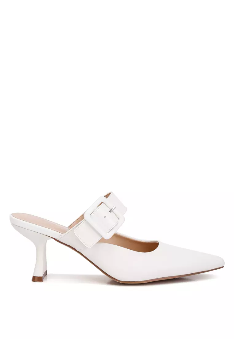 White Block Heel Mules