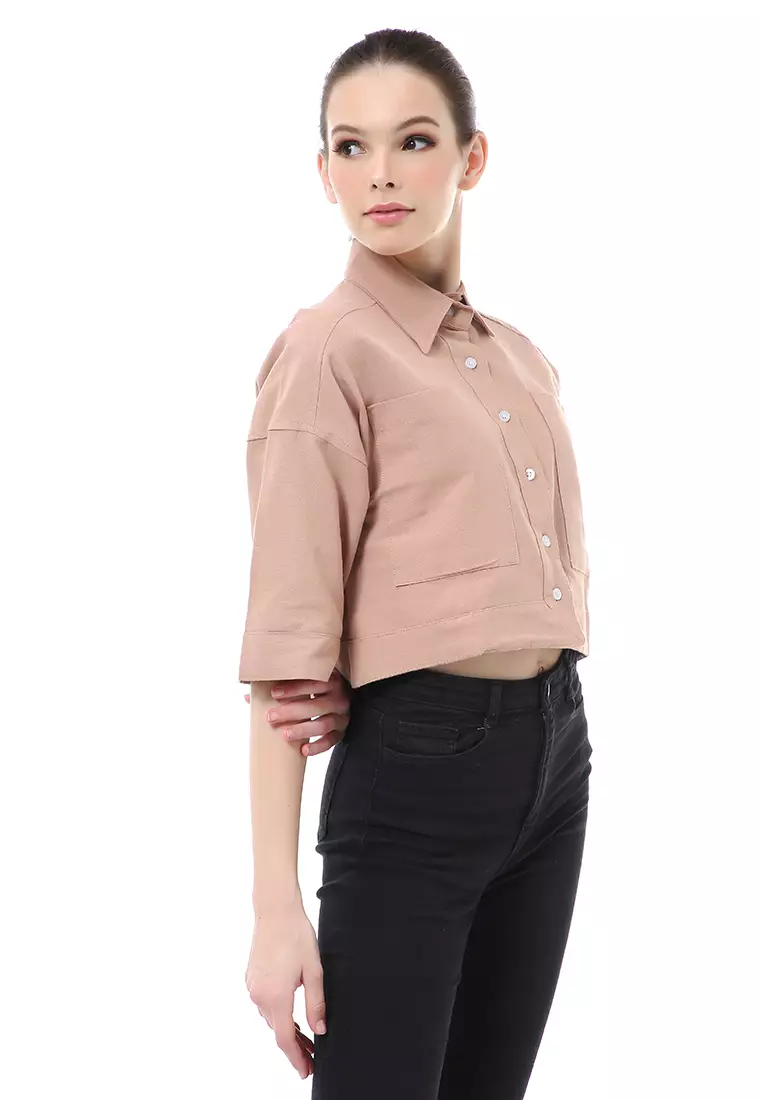 Brielle Atasan Wanita Kemeja Crop Oversize Shirt Lengan Panjang Material Linen ORIGINAL - Caramel