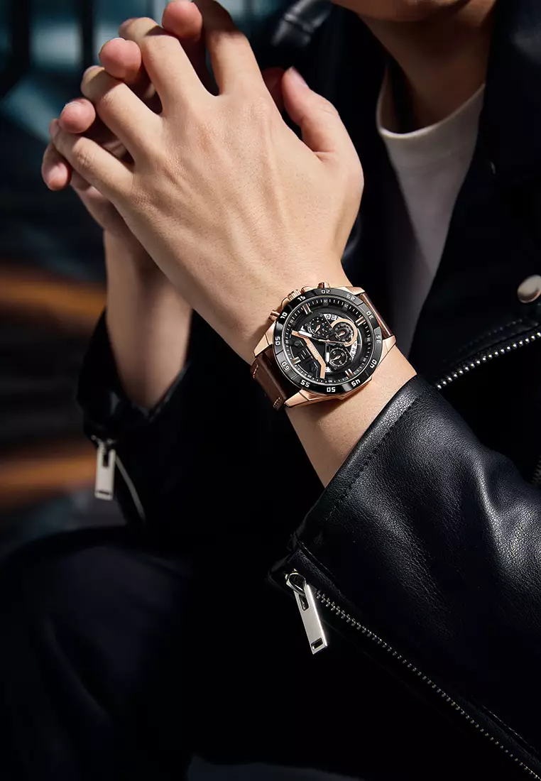 Jam Tangan Pria Original Multifungsi Analog & Digital Anti Air Tali Kulit Jam Tangan Cowok brownblack