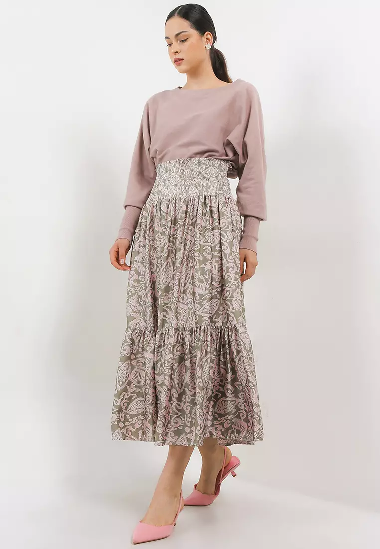 Ethnic Print Snocked Satin Skirt