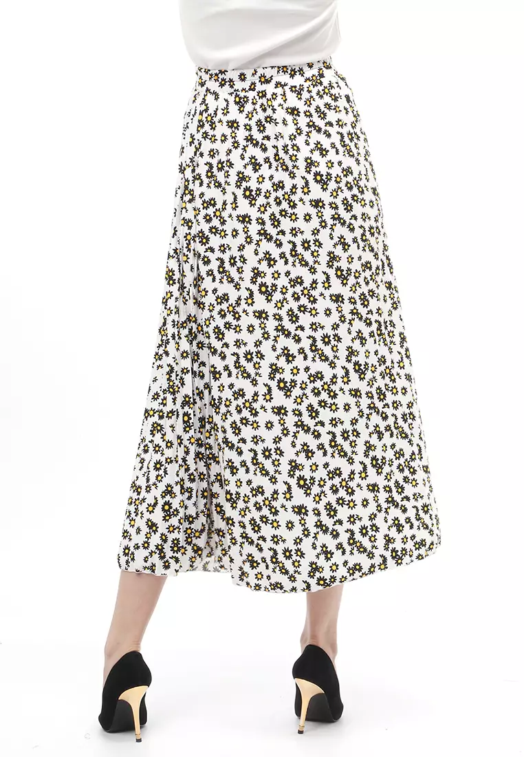 Rok Plisket Motif Print Design Vintage Rubbery Waist Bawahan Wanita - Daisy Kecil Putih