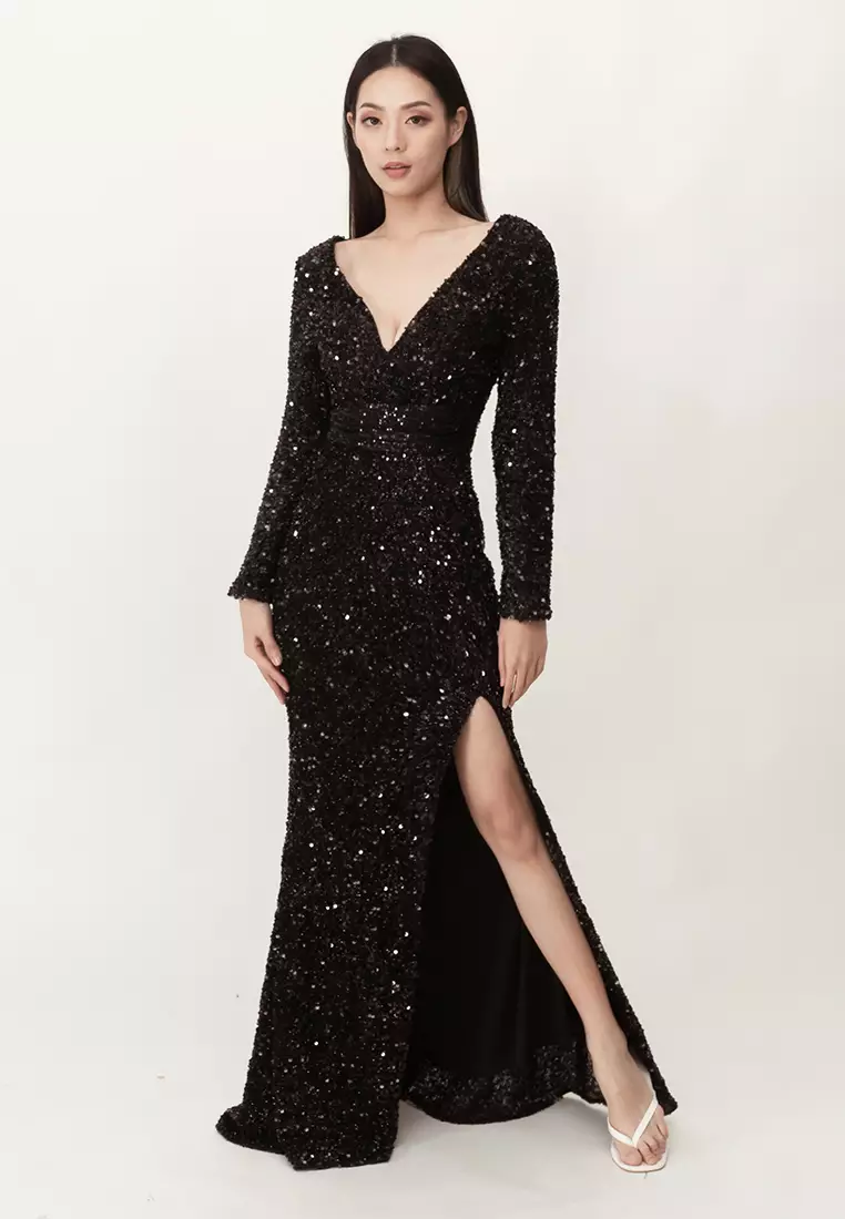 BebeButterfly V Neckline Long Sleeve Sequins Maxi Gown Dinner Dress Black
