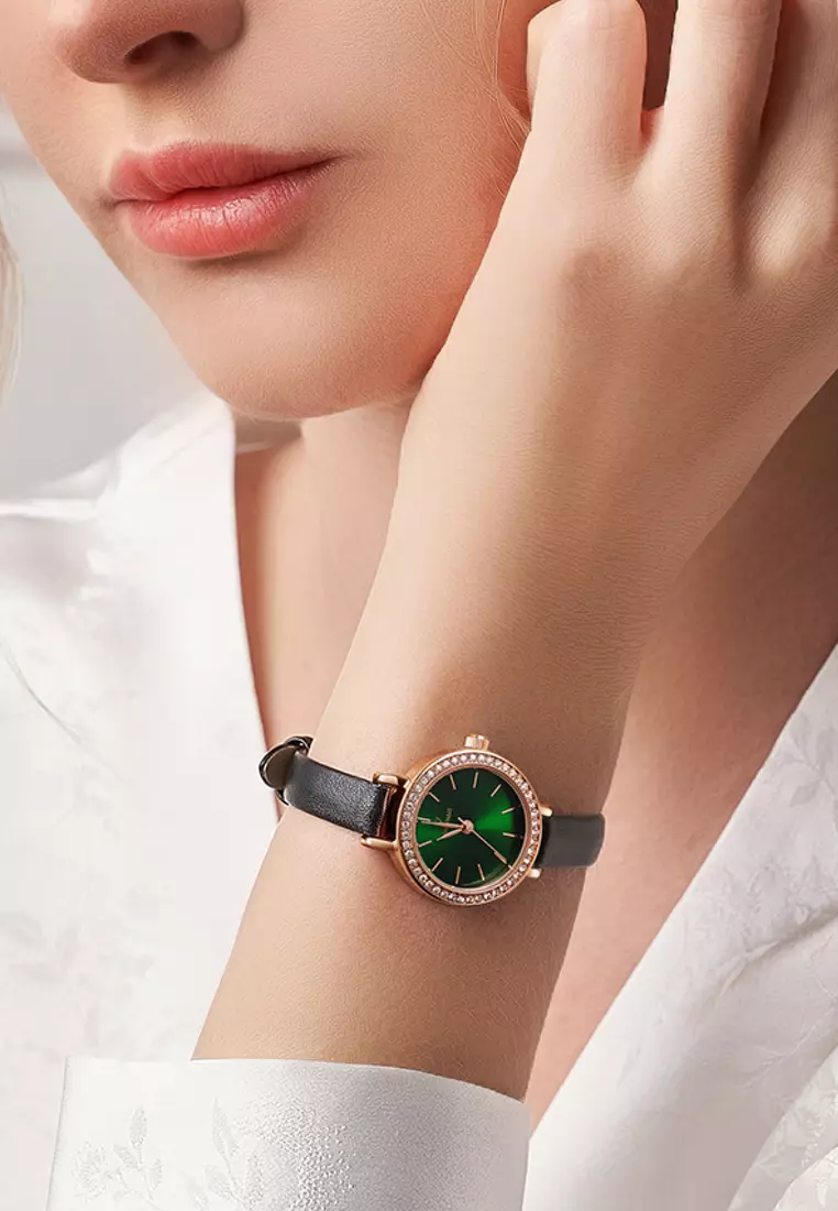 Ladies IP Rose Gold and Stainless Steel Quartz Watch, 30mm Diameter, Black Leather Strap, Malachite Dial