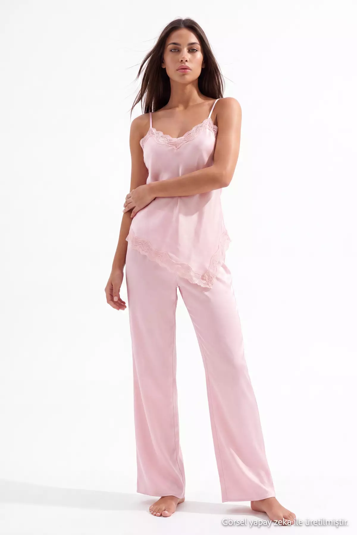 Powder Lace Detailed Satin Woven Pajama Set