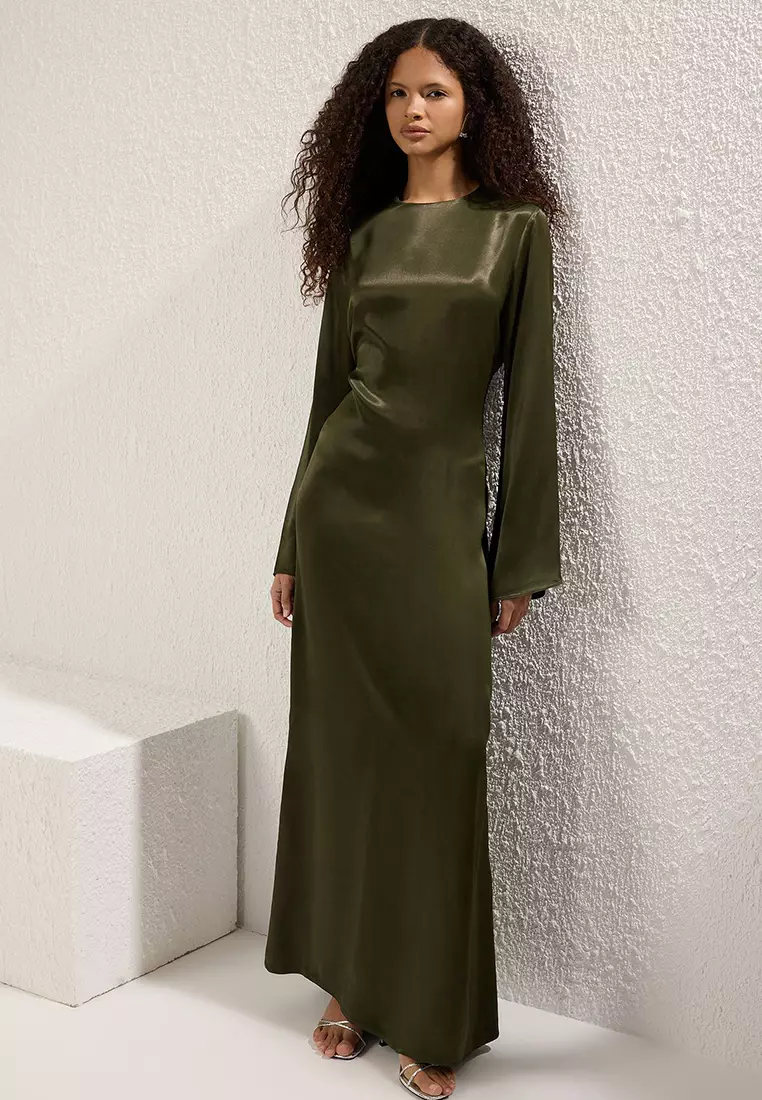 Khaki Brit Detailed Woven Satin Evening Dress Tctss25Db00001