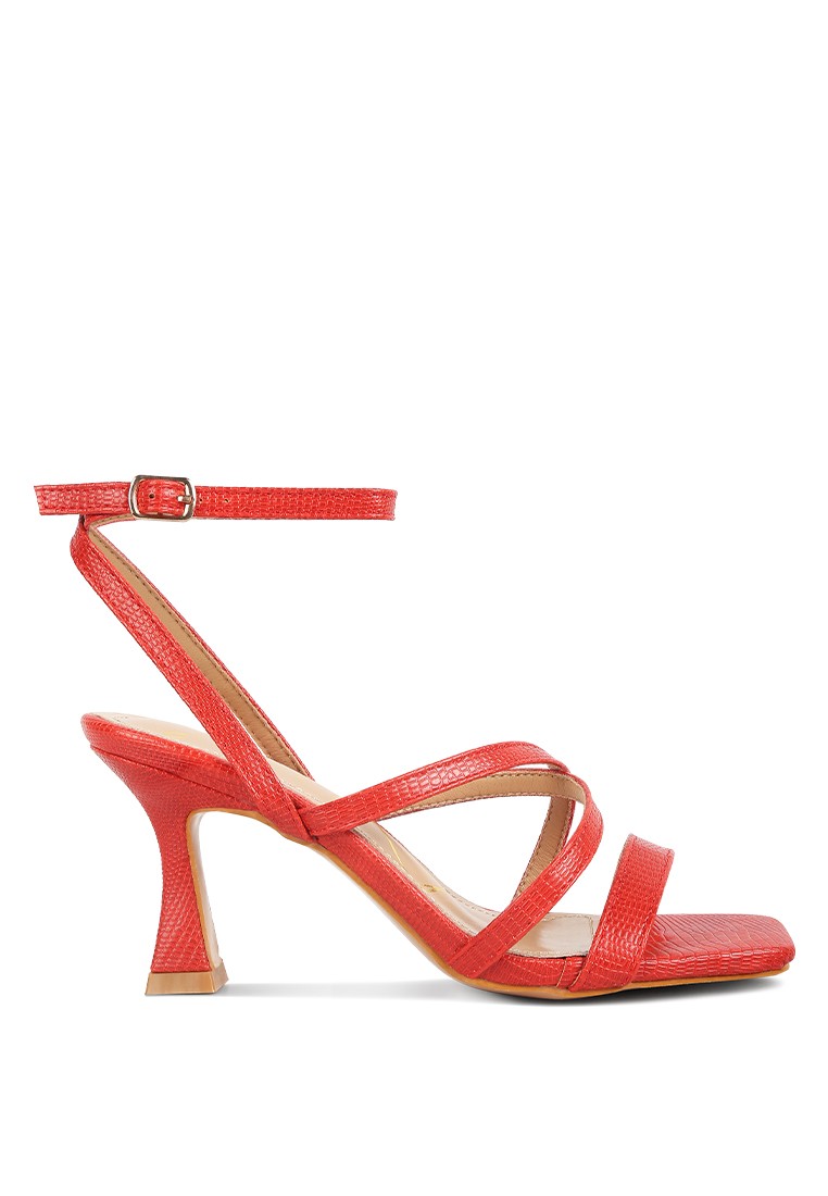 Red Open Square Toe Spool Heel Sandals