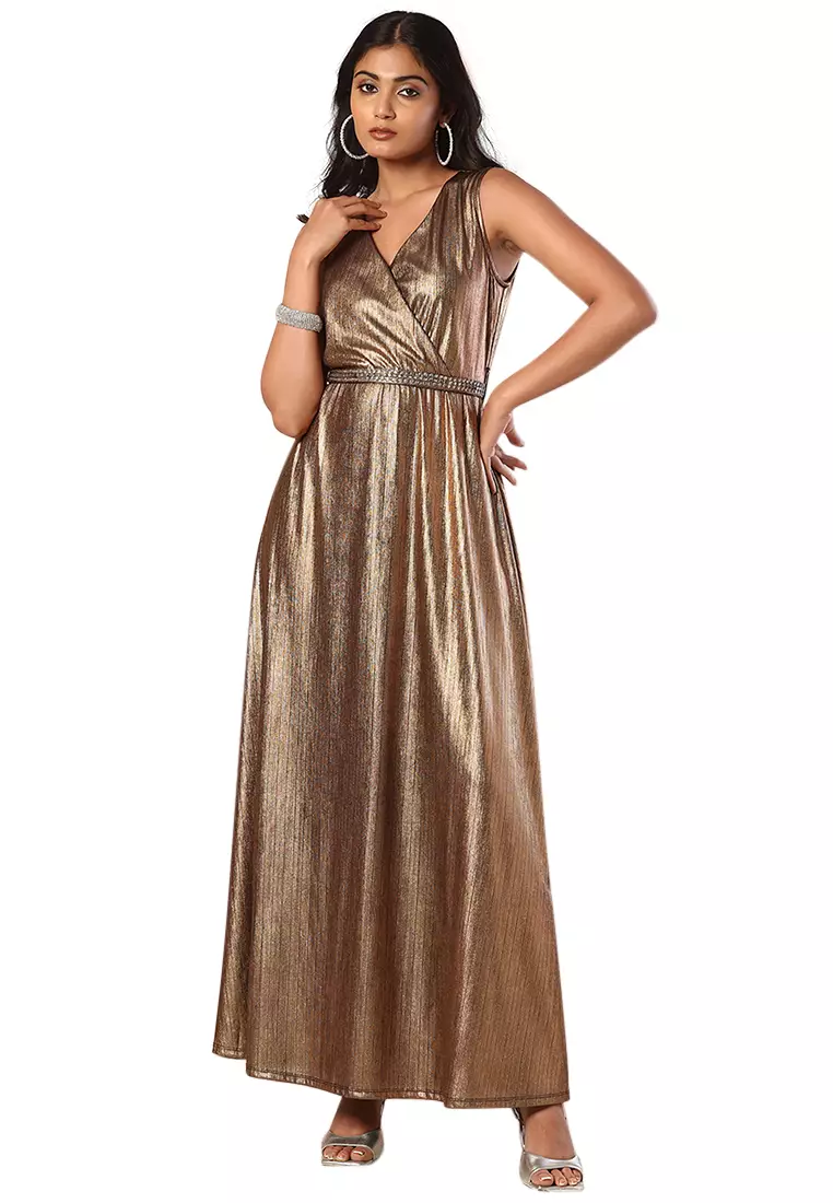 Brown Metallic Wrap Maxi Dress With Embellished Belt