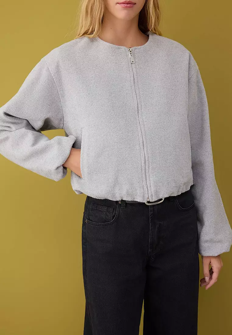 Gray Oversize Molded Cashmere Bomber Jacket Coat