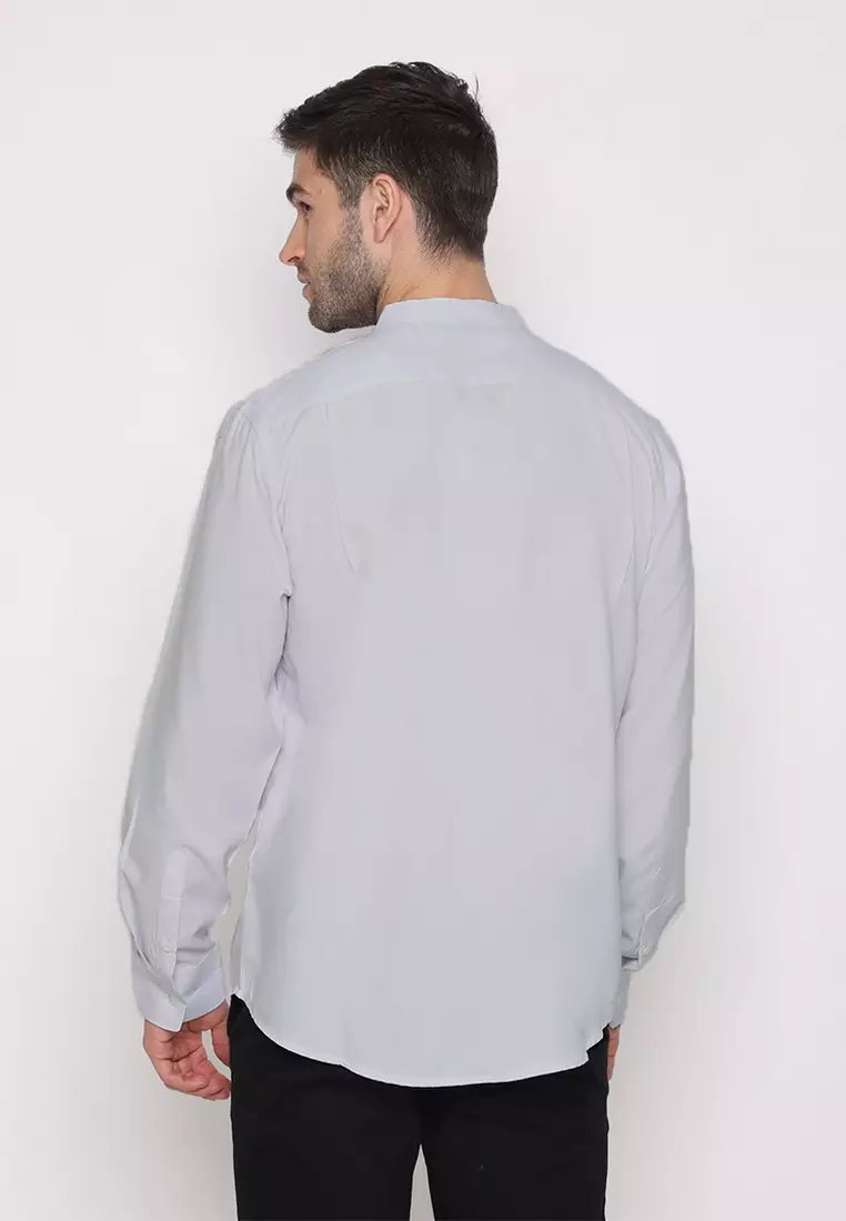 POLICE Kemeja Koko Polos Cotton Soft Grey Regular Fit Lengan Panjang Pria