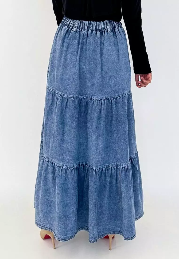 Arabel Denim Skirt (Rok Susun Panjang Jeans Flare) Biru Snow