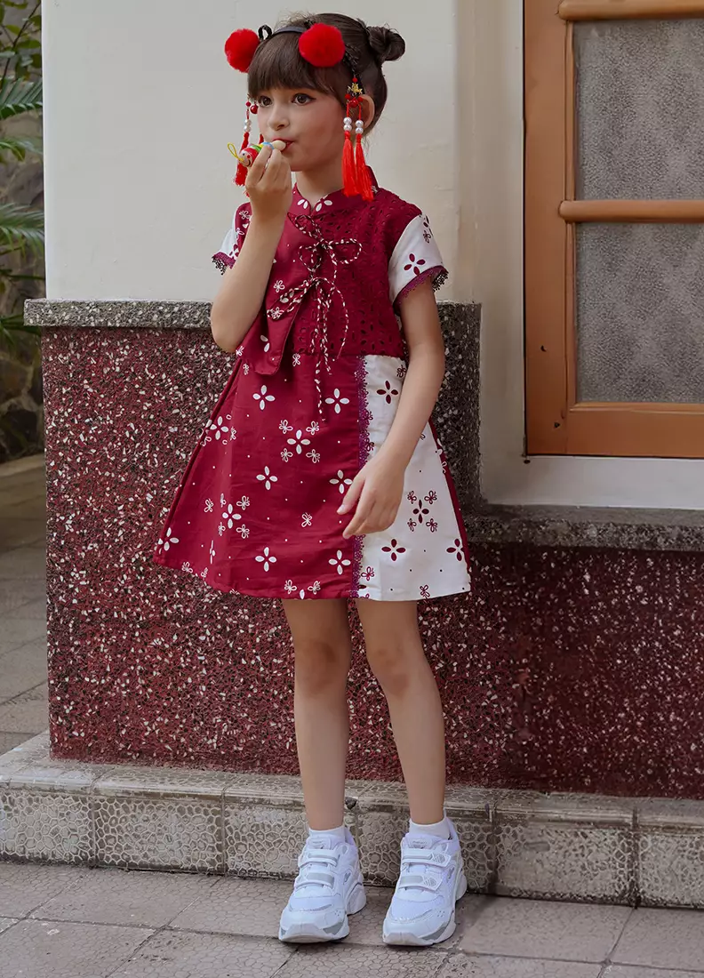 Dress Baju Pesta Batik Anak Perempuan Areeya Katun Premium Merah Maroon