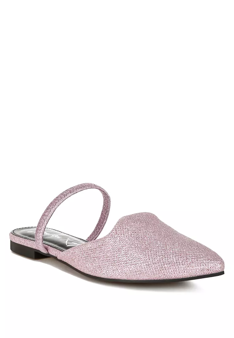Glitter Faux Leather Flat Mules in Pink